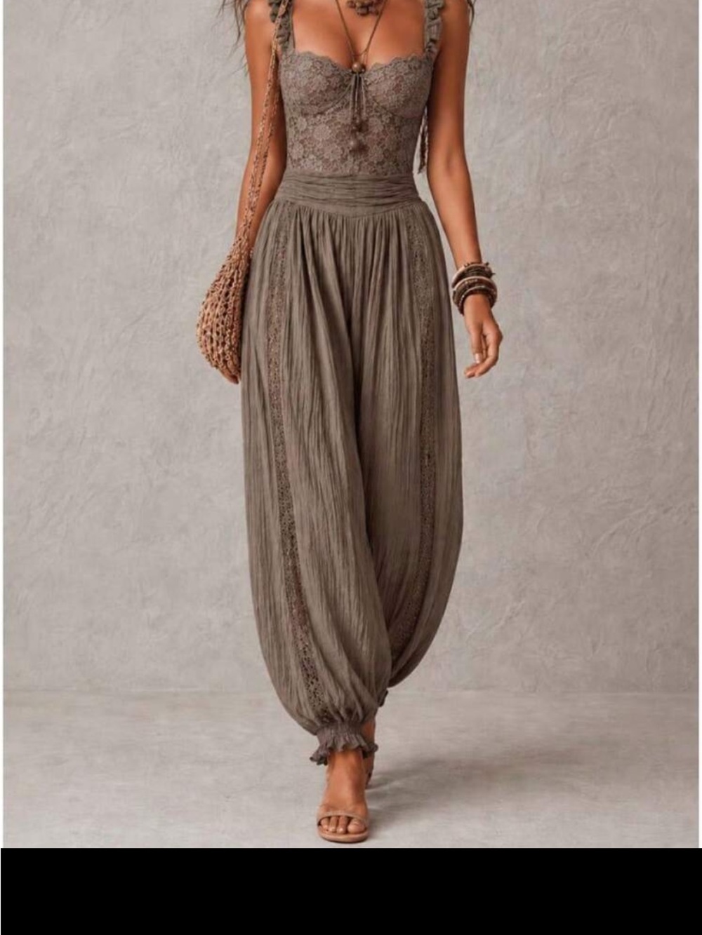 Lace Bodice Boho Harem Jumpsuit in Olive Taupe